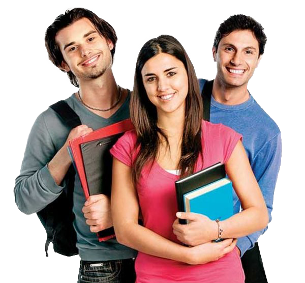 Three college students holding books